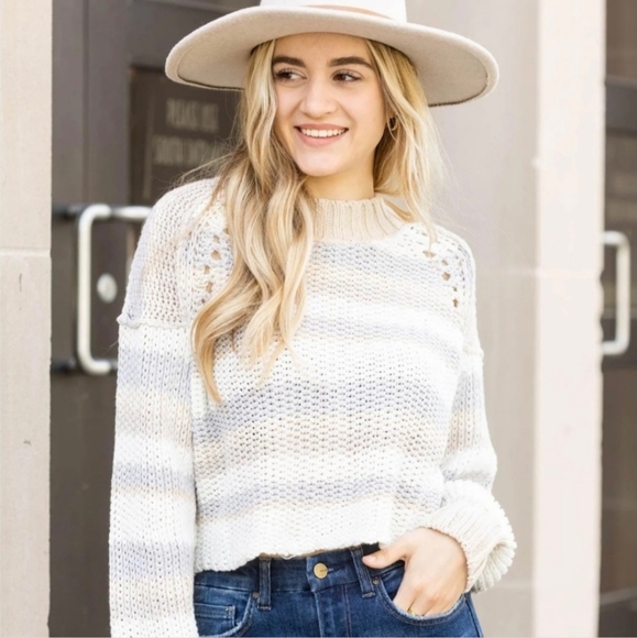 Free People Devon Striped Cropped Sweater Chunky Knit cream minimalist Boho 90s - Picture 6 of 7